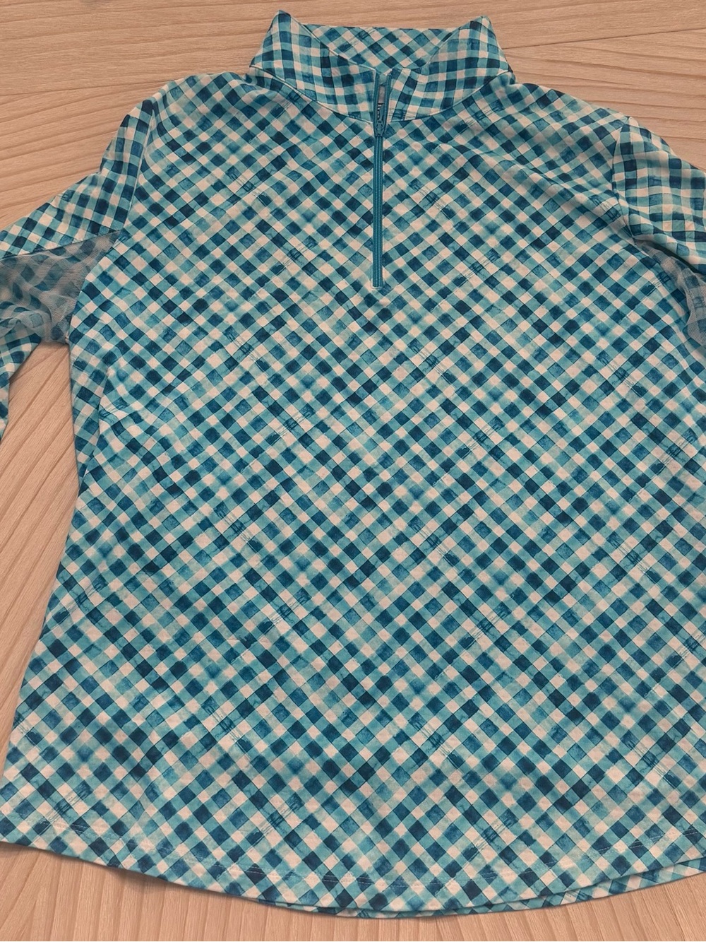 IBKUL Women's Teal and White Gingham Long-Sleeve Zip Top